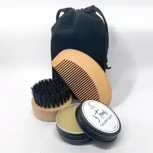Beard grooming kit, men's beard care, natural beard brush, pear wood beard comb, tallow salve, beard care set, men's grooming gift, beard maintenance tools, natural beard products, men's grooming essentials.