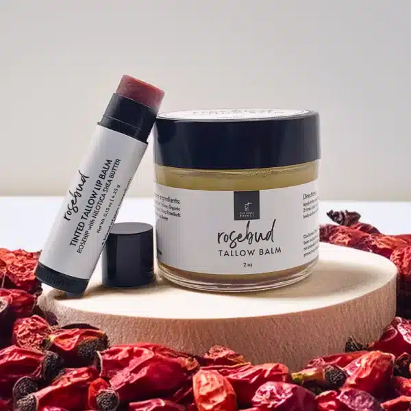 Rosebud Collection Bundle – Tallow Balm and Tinted Lip Balm with grass-fed tallow, organic rosehips, and raw Manuka honey for skin nourishment and hydration.
