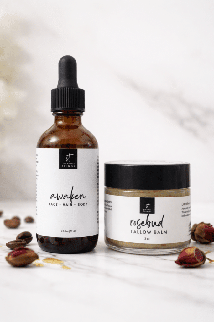 Awaken coffee-infused face, hair, and body oil paired with Rosebud tallow balm, a pregnancy-safe belly balm and skin nourishing balm.
